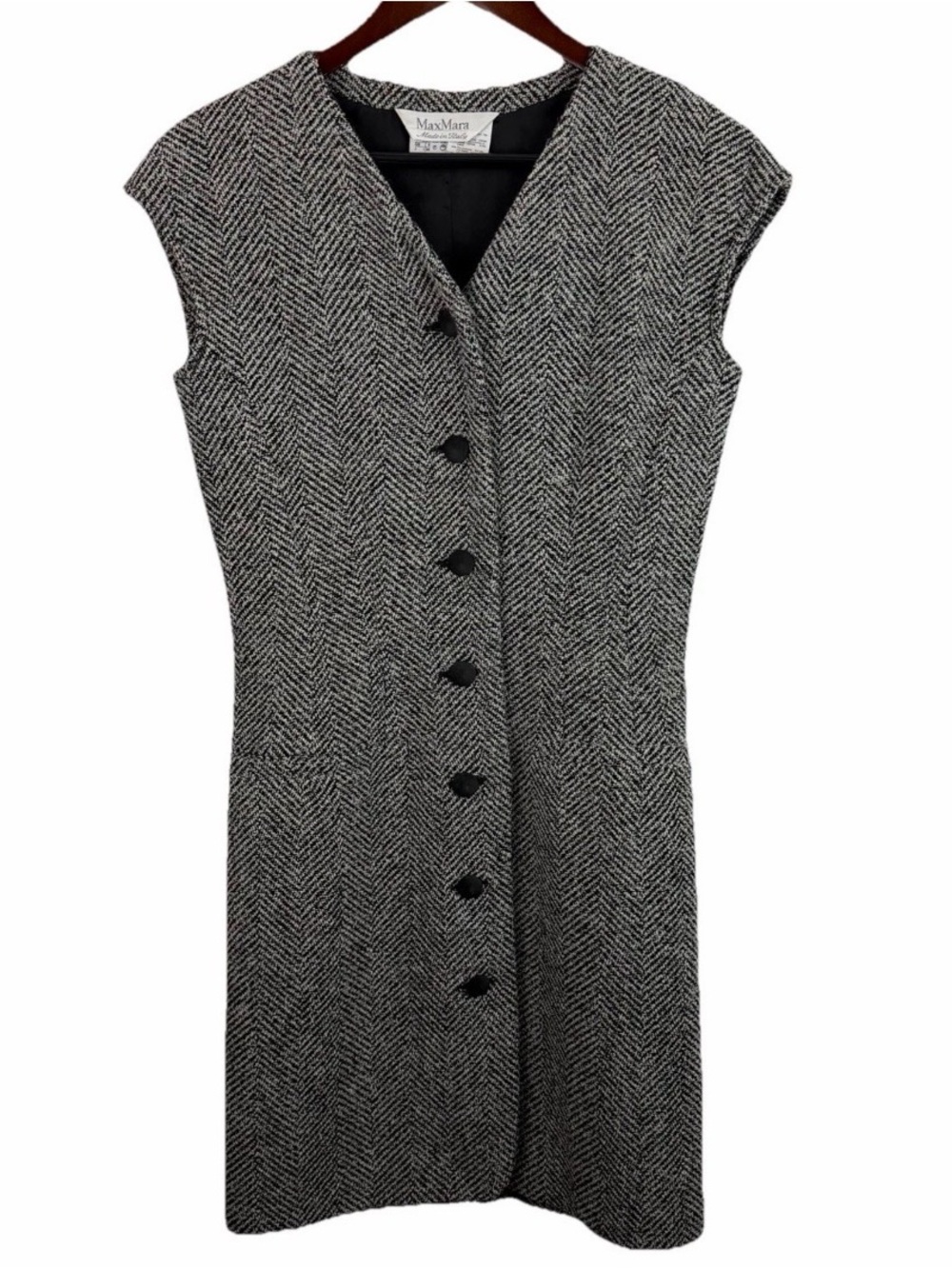 Max Mara | Black White Herringbone Sleeveless Button Sheath Dress